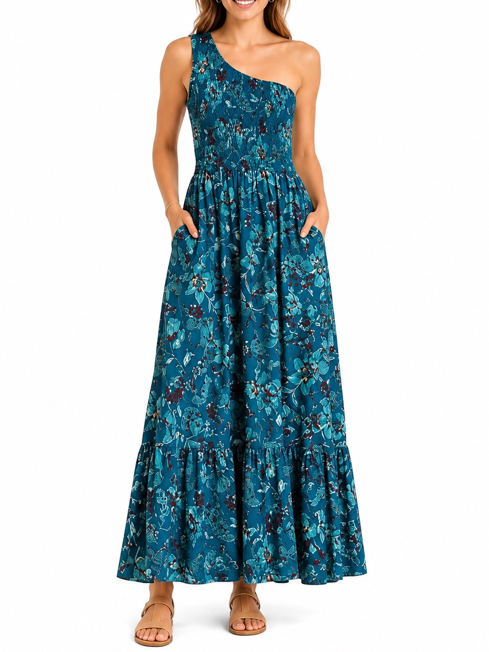 Band of the Free One Shoulder Floral Smocked Maxi Dress pockets Teal Size L Boho